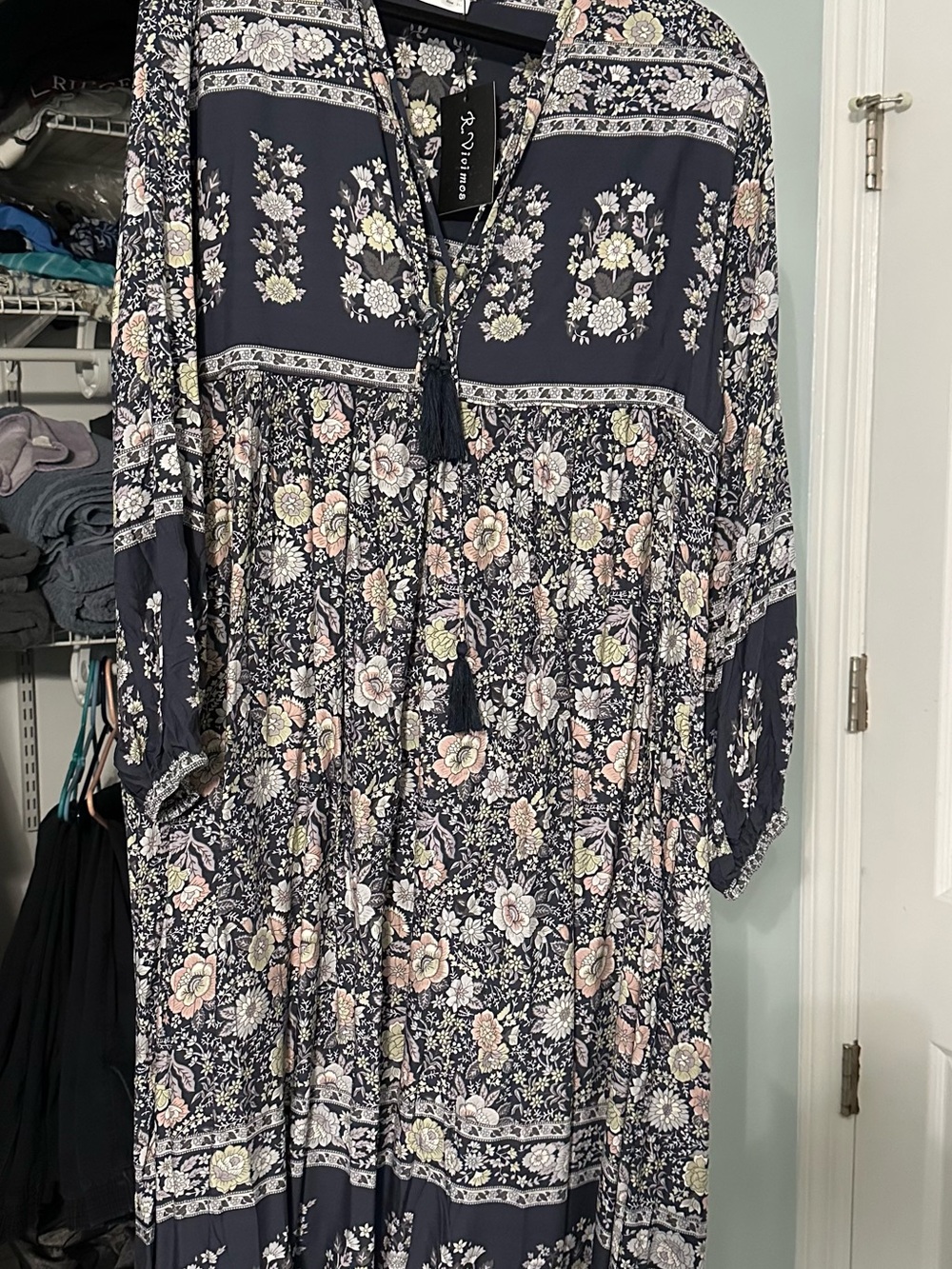 Women's Boho Floral Tiered Midi Dress - Navy with Pink & Cream Floral